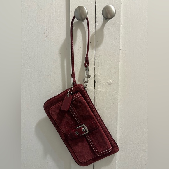 Coach Red/Burgundy Suede Leather Wristlet Bag - Picture 2 of 14